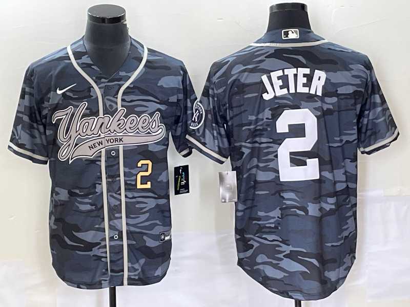 Men%27s New York Yankees #2 Derek Jeter Number Grey Camo Cool Base With Patch Stitched Baseball Jersey